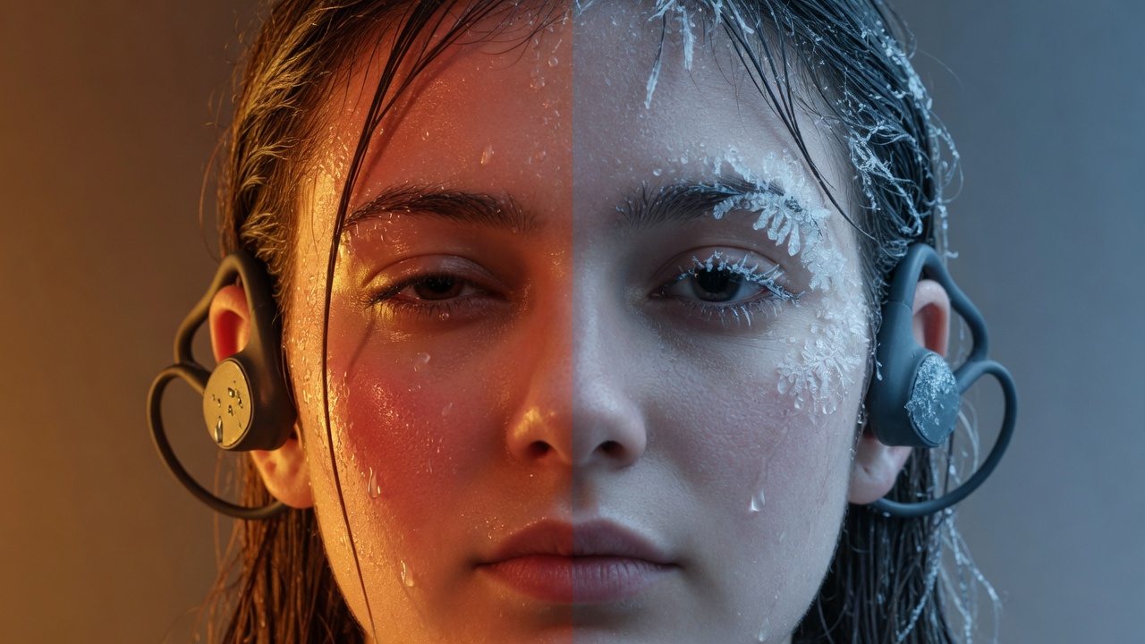 Close-up of a young woman's head split between sauna heat and ice, wearing Dipsana headphones