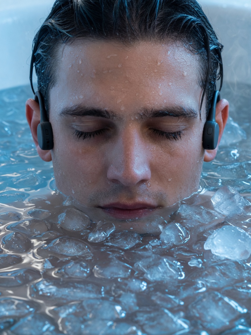 Close-up of a young man's head in an ice bath, ice cubes at the waterline, wearing Dipsana headphones