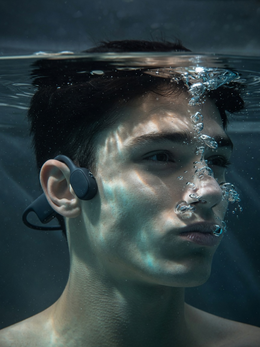 Close-up of a young man's head underwater in a cold plunge, wearing Dipsana headphones
