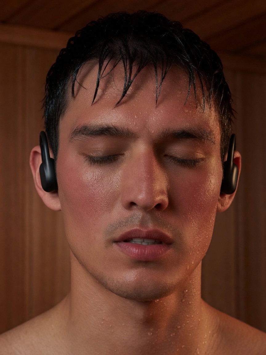 Close-up of a young man in a cedar sauna, skin shining with sweat, wearing Dipsana bone-conduction headphones