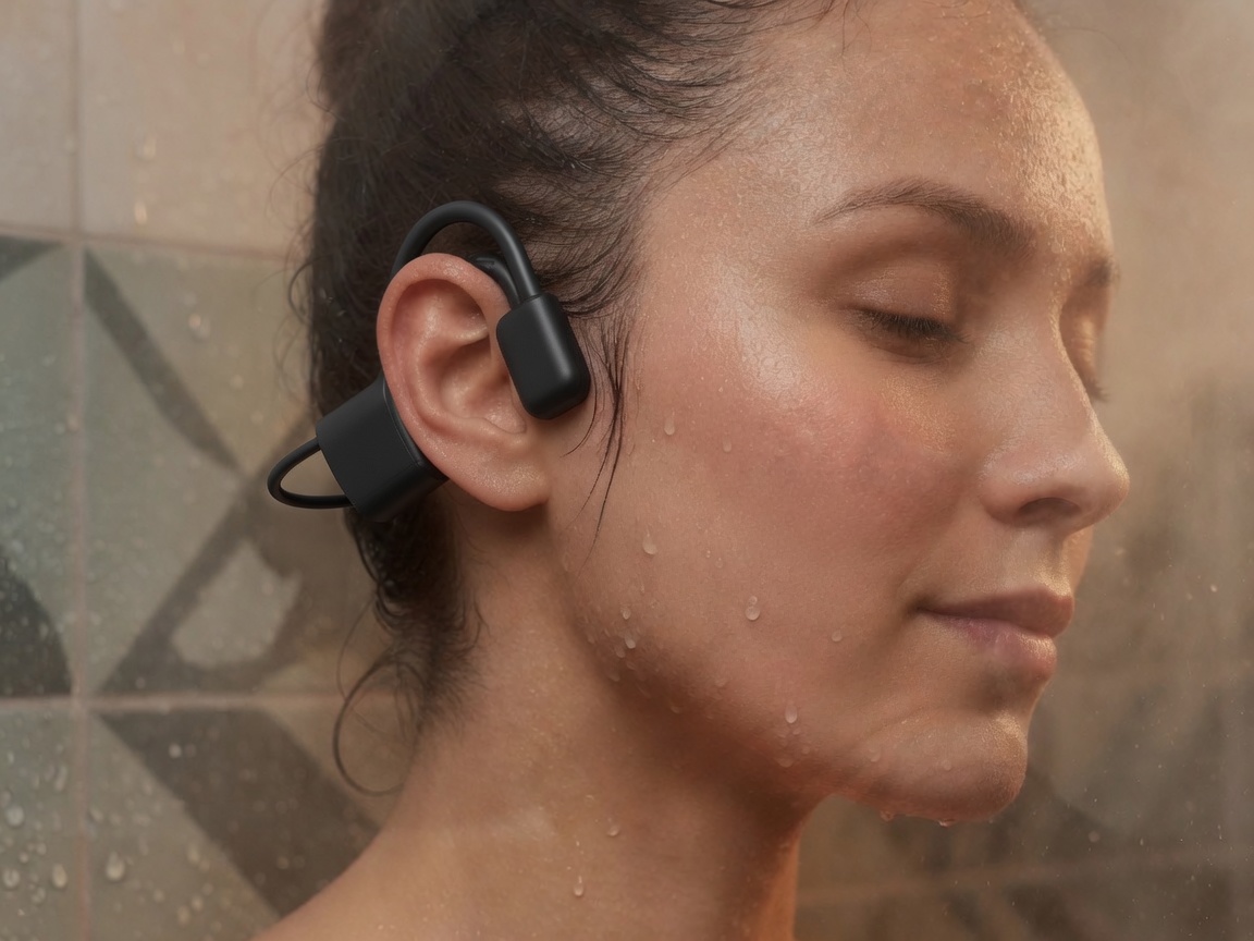 Close-up of a young woman in a steam room, dewy skin and condensation on Dipsana headphones